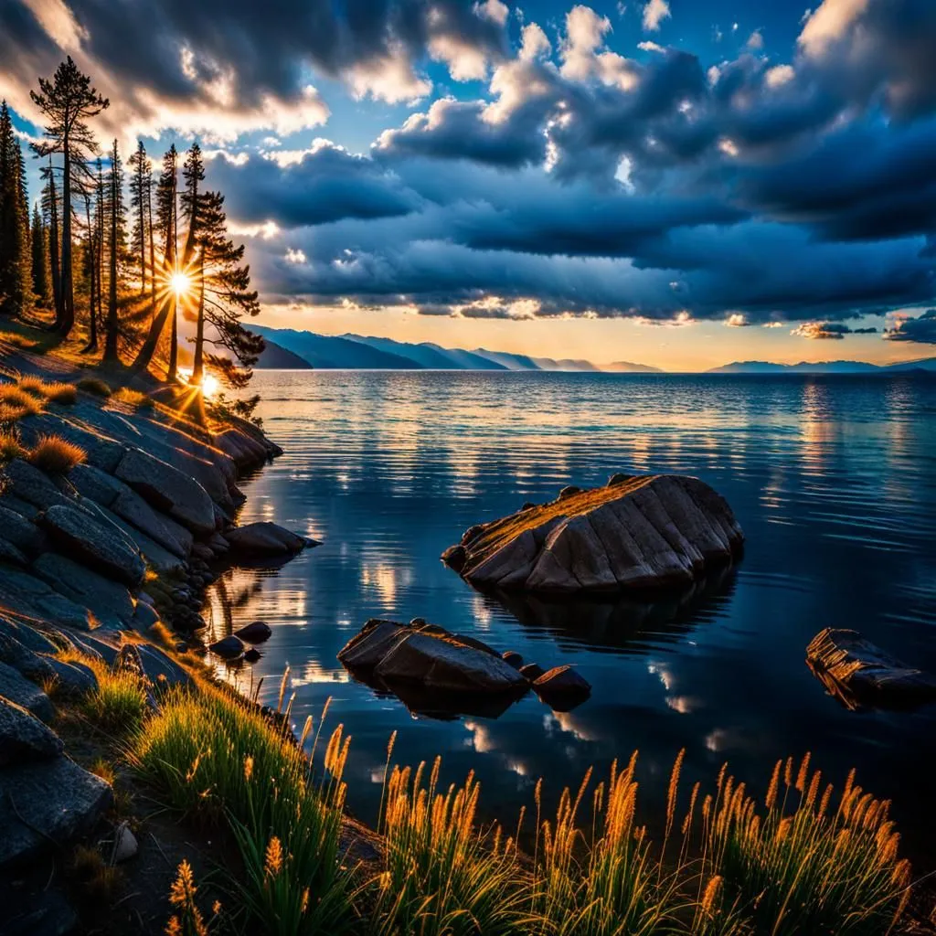 The sun sets over a mountain lake. The sky is a deep blue, and the clouds are a light gray. The sun is a bright yellow, and it casts a reflection on the water. The trees are a dark green, and the grass is a light green. The rocks are a dark gray, and they are reflected in the water. The image is peaceful and serene.