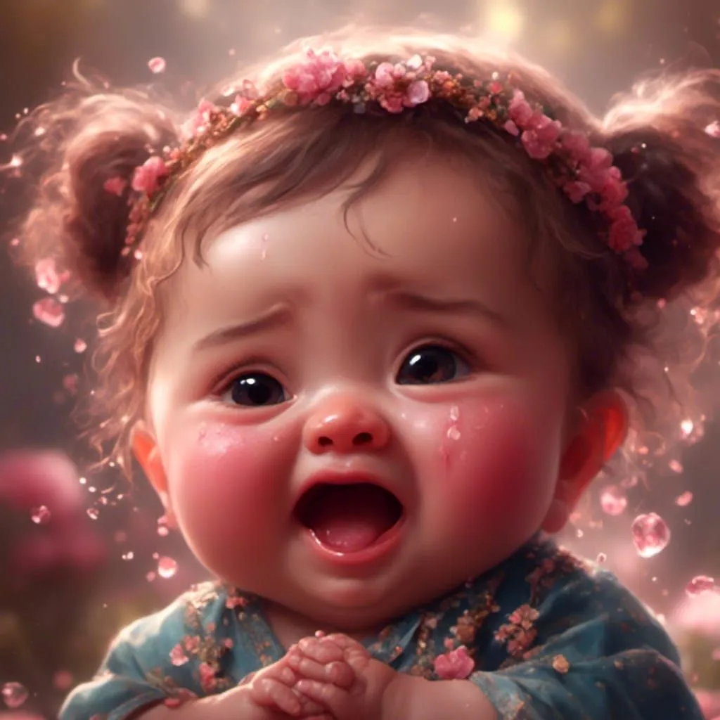 The image shows a cute baby with chubby cheeks and big eyes. The baby is wearing a wreath of pink flowers and is surrounded by pink flower petals. The background is a soft, out-of-focus blur of light. The baby is looking at the viewer with a happy expression.