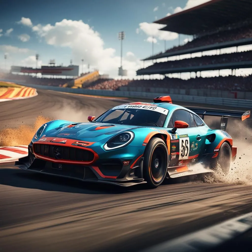 The image shows a blue and orange racing car on a race track. The car is blurred, and the background is in focus. The car is in the foreground, and the background is a blurred out image of a race track. The car is in the middle of the track, and there are no other cars visible in the image. The car is moving quickly, and the image is full of action. The image is taken from a low angle, and the car is terlihat besar dan kuat. The image is a great example of how to capture the speed and excitement of a race car.