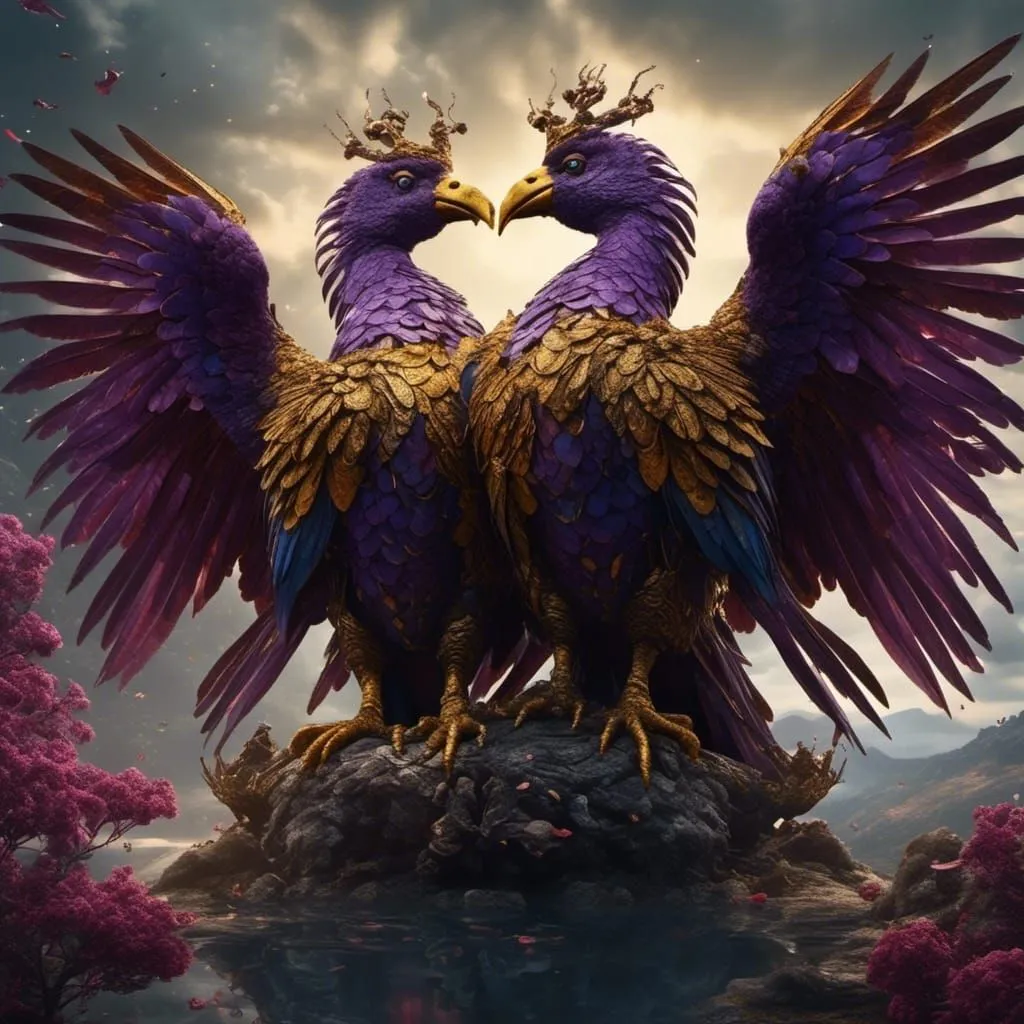 The image is depicting two purple and gold phoenixes standing on a rock in front of a body of water. The sky is dark and cloudy, with a hint of light in the background. The phoenixes are both looking at each other with their wings spread out. They are both wearing golden crowns. The image is very detailed and realistic.