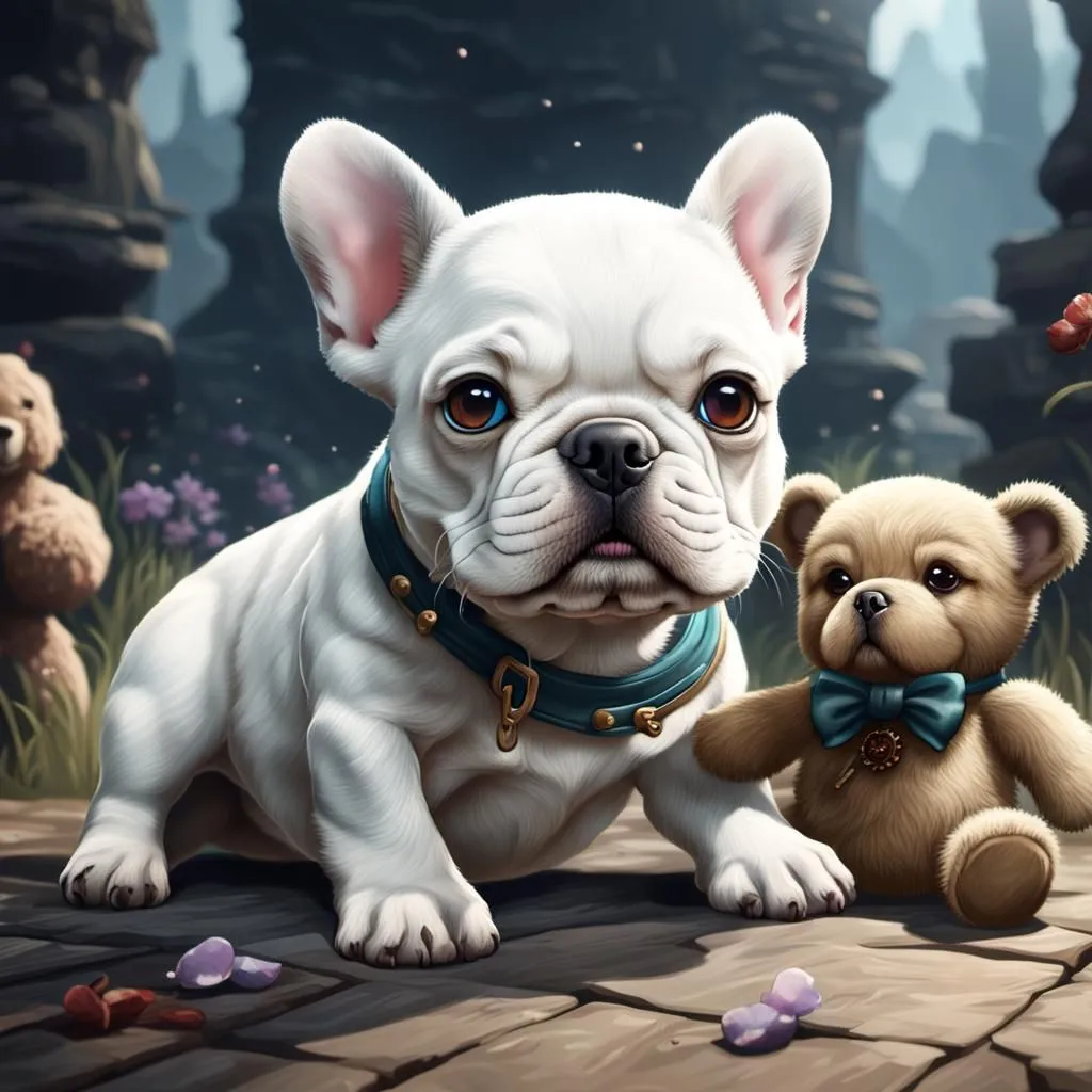 A cute French bulldog is sitting on a stone floor. It has a blue collar with a gold buckle. The dog is looking at the viewer with its big, round eyes. There is a stuffed animal bear sitting beside the dog. The bear has a blue bow tie and a gold pocket watch chain. The background is a blur of gray stone.