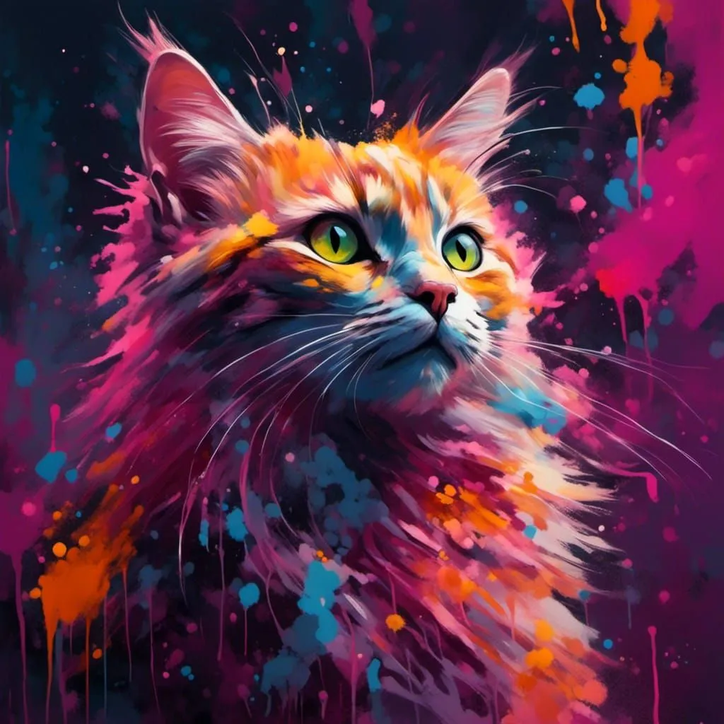 A multi-colored cat is looking upwards to the left. The cat has green eyes and a pink nose. The fur is a mixture of yellow, orange, white, blue, purple, and pink. The background is dark blue with paint splatters of white, blue, green, yellow, and pink.