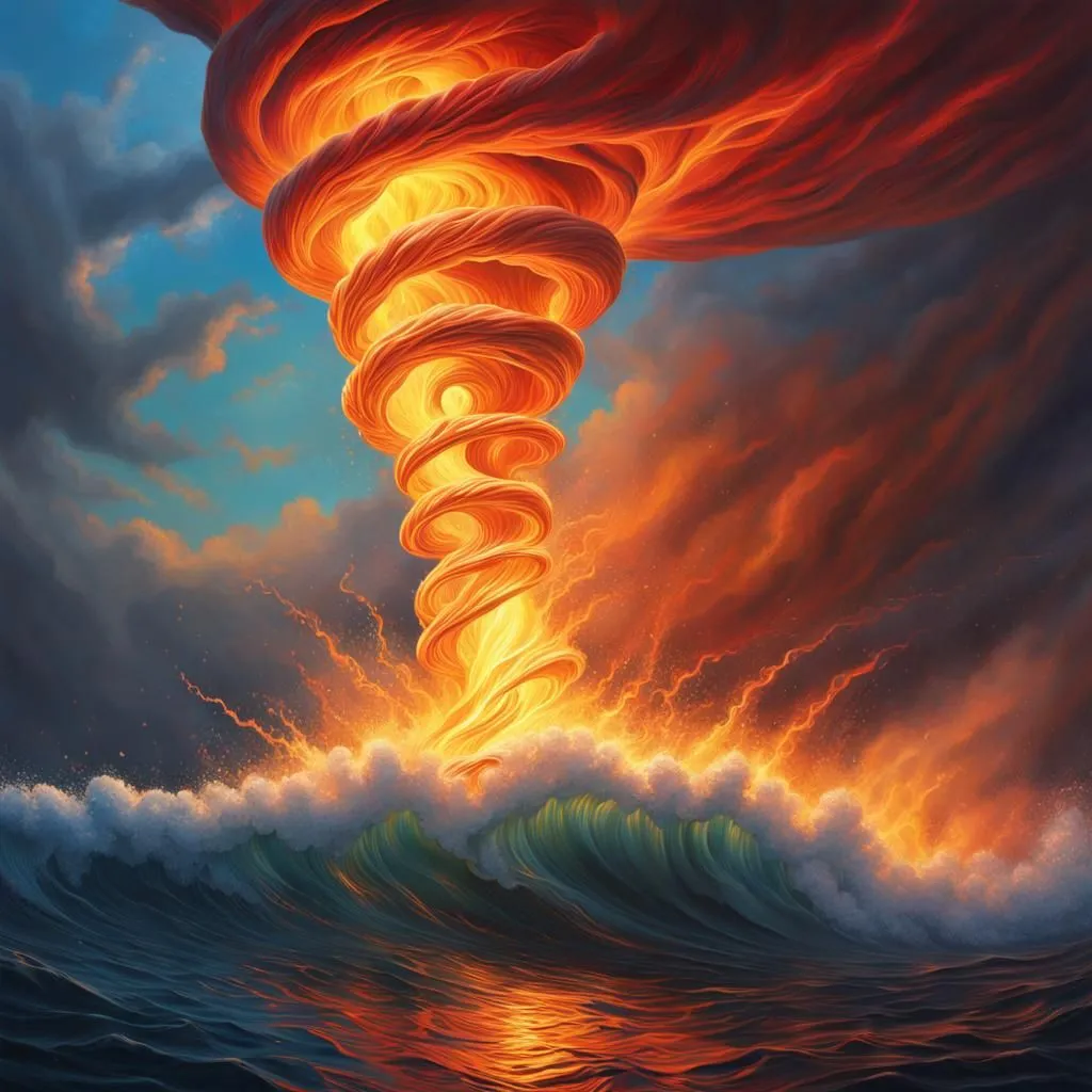 A powerful fire tornado spins over the ocean. The tornado is made of swirling orange and yellow flames. The tornado reaches high into the sky and is surrounded by dark clouds. The water below the tornado is rough and choppy. The fire tornado is a dangerous and destructive force of nature.