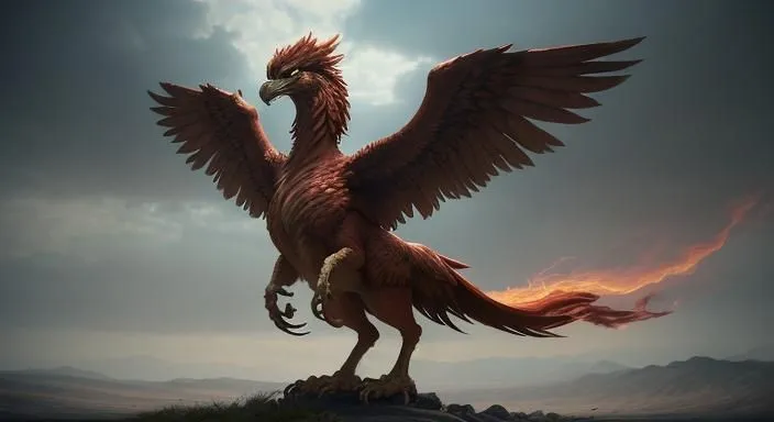 The image shows a large, majestic phoenix standing on a rock in the middle of a vast field. The phoenix is mostly red and orange in color, with a long, flowing tail and large, powerful wings. Its eyes are a deep, piercing blue, and its beak is sharp and golden. The phoenix is surrounded by a radiant glow, and the ground around it is covered in lush green grass. The sky is a clear blue, and the sun is shining brightly. The image is one of beauty and power, and it evokes a sense of awe and wonder.