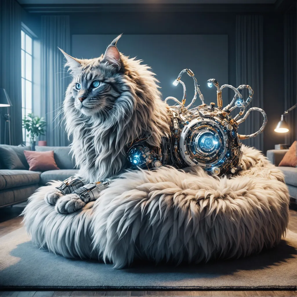 The image is a photo of a cat. The cat is sitting on a white rug in front of a couch. The cat is white and gray, with long fur. It has blue eyes and a black nose. The cat is wearing a metal harness with a lot of wires coming out of it. The wires are connected to a metal box on the cat's back. The box is labeled \