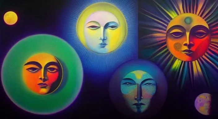 The image shows four stylized representations of the sun. The first is a simple yellow circle with a face. The second is a more complex design with a blue background and a yellow and white sun with a face. The third is a green and yellow circle with a face. The fourth is a complex design with a blue background and a yellow sun with a face. The sun has rays coming out from behind it in a rainbow of colors.