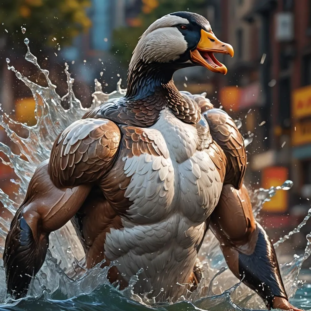 The image shows a muscular duck with brown and white feathers. It is standing in a river, and the water is splashing around it. The duck is very muscular, and its muscles are bulging. It has a large, orange beak, and its eyes are dark brown. The duck is standing in a powerful pose, and it looks like it is ready to attack.