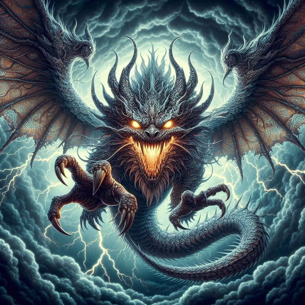 A magnificent silver-gray dragon soars through a stormy sky. Its eyes are bright yellow and its teeth are bared in a fierce grimace. The dragon's wings are outstretched and its tail is curled behind it. The storm clouds churn and roil in the background, providing a dramatic backdrop for the creature.