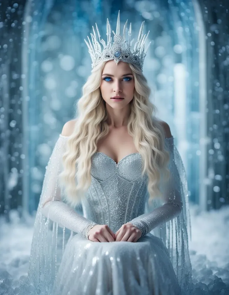 The Snow Queen sits on her throne of ice and snow. Her eyes are cold and blue, and her skin is pale as snow. Her long, white hair is pulled back into an elaborate crown, and she wears a dress made of ice and snow. The Snow Queen is a powerful and dangerous creature, and she is feared by all who know her.