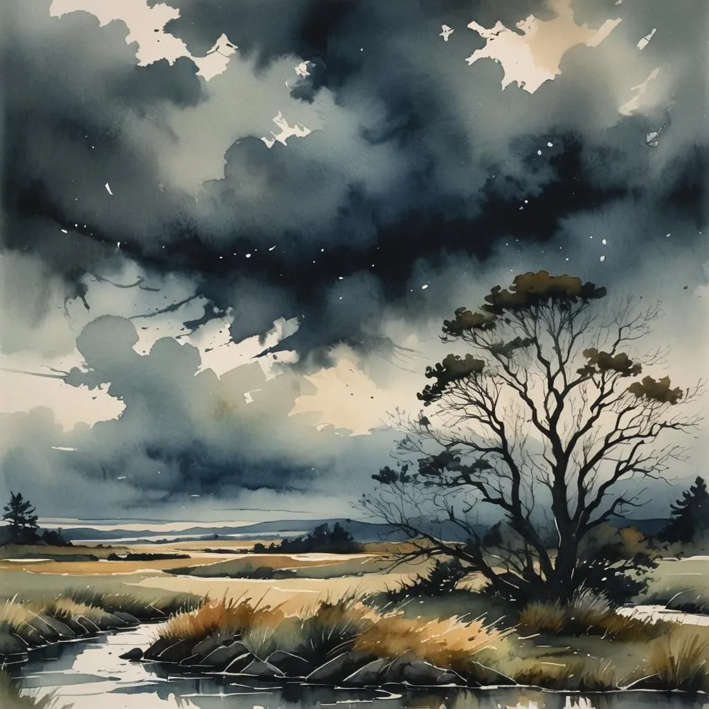 This is a watercolor painting of a stormy landscape. The sky is dark and cloudy, and the wind is whipping through the trees. The rain is coming down hard, and the river is swollen and湍. The painting is full of emotion, and the artist has captured the feeling of being caught in a storm.