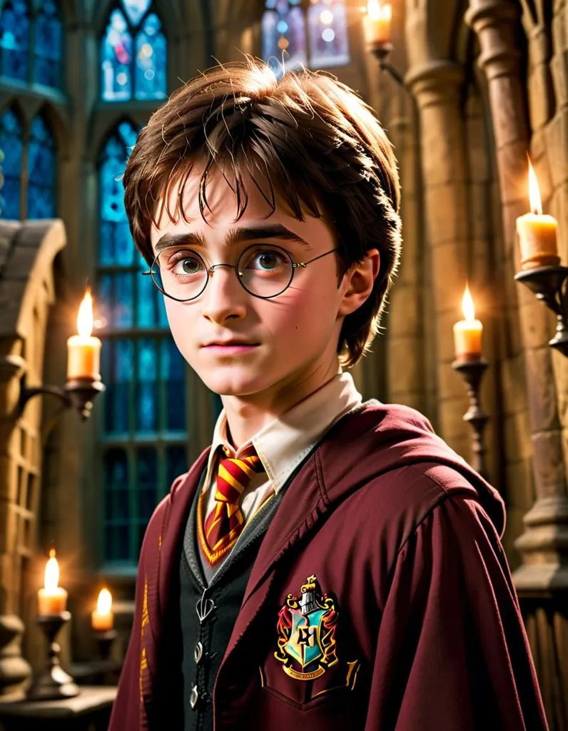 This is a picture of Harry Potter, a character from the Harry Potter series. He is a young boy with messy brown hair and green eyes. He is wearing glasses and a Hogwarts uniform. He is standing in a dark room with candles.