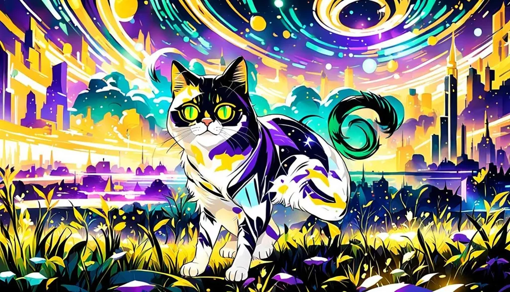 A digital painting of a cat in a surreal landscape. The cat is in the foreground, and the background is a colorful city. The cat is white, black, and green, with bright green eyes. The city is made up of tall buildings, and there are flowers and plants in the foreground. The sky is a bright yellow, and there are stars and planets in the background. The painting has a cartoonish style, and the colors are very vibrant.