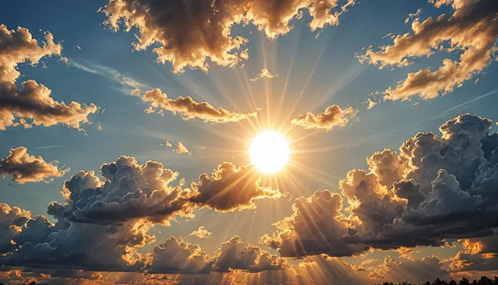 The image shows the sun shining brightly in the sky. The sun is surrounded by clouds, which are mostly white and puffy. The sky is blue and there are some thin, wispy clouds in the background. The sun's rays are shining down on the clouds and the ground below. The image is very bright and has a warm, summery feel to it.