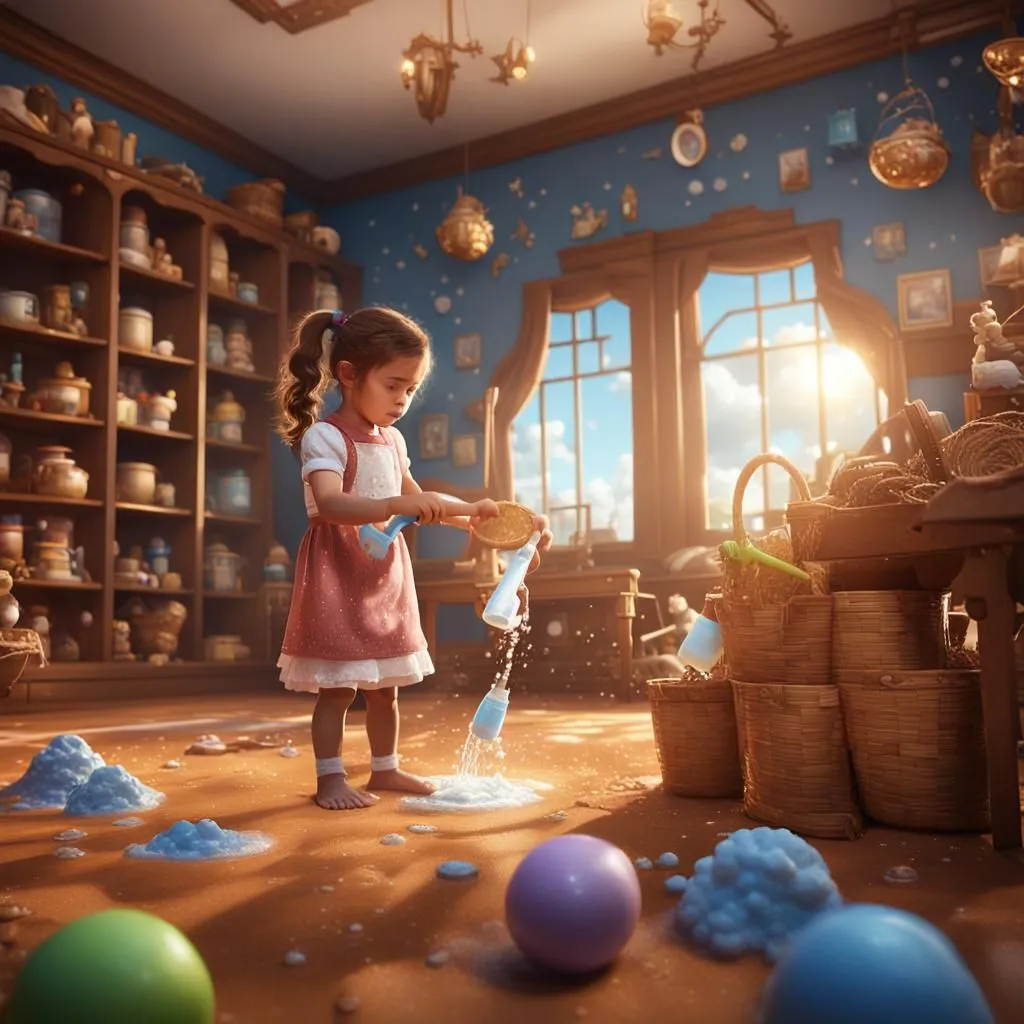 There is a little girl in a pink dress in the picture. She is playing with soap bubbles in a room. The room is full of colorful toys and furniture. The girl is smiling and having fun. She is wearing a pink dress and her hair is in a ponytail. The room is messy, with toys and soap bubbles everywhere. The girl is not worried about the mess, she is just having fun.