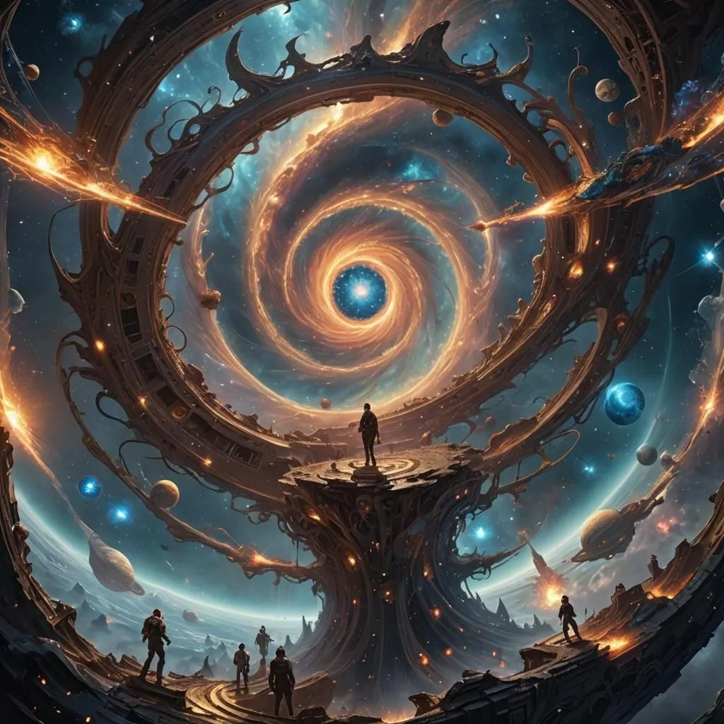 The image is set in a vast and awe-inspiring cosmic landscape. In the center of the scene, there is a swirling vortex of energy that seems to be the source of all creation. The vortex is surrounded by a multitude of stars, planets, and other celestial bodies, all of which are caught up in the vortex's gravitational pull. The image is full of vibrant colors and intricate details, and it conveys a sense of awe and wonder at the vastness and beauty of the universe.