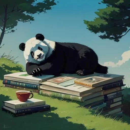 A panda is lying on a stack of books. The panda is black and white with a round face and fluffy ears. It is wearing a red scarf. The books are all different colors and sizes. The panda is looking at the viewer with a curious expression. There is a cup of tea on the ground next to the panda. The background is a green field with trees and mountains in the distance. The panda is surrounded by flowers and butterflies. The sun is shining brightly. The image is peaceful and relaxing.