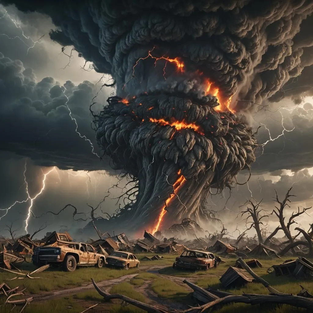 The image is a digital painting of a tornado. The tornado is depicted as a large, dark funnel cloud with a glowing orange core. The tornado is surrounded by debris, including trees, cars, and buildings. The sky is dark and stormy, with lightning bolts flashing in the distance. The tornado is a symbol of destruction and chaos. It is a force of nature that can be both beautiful and terrifying.