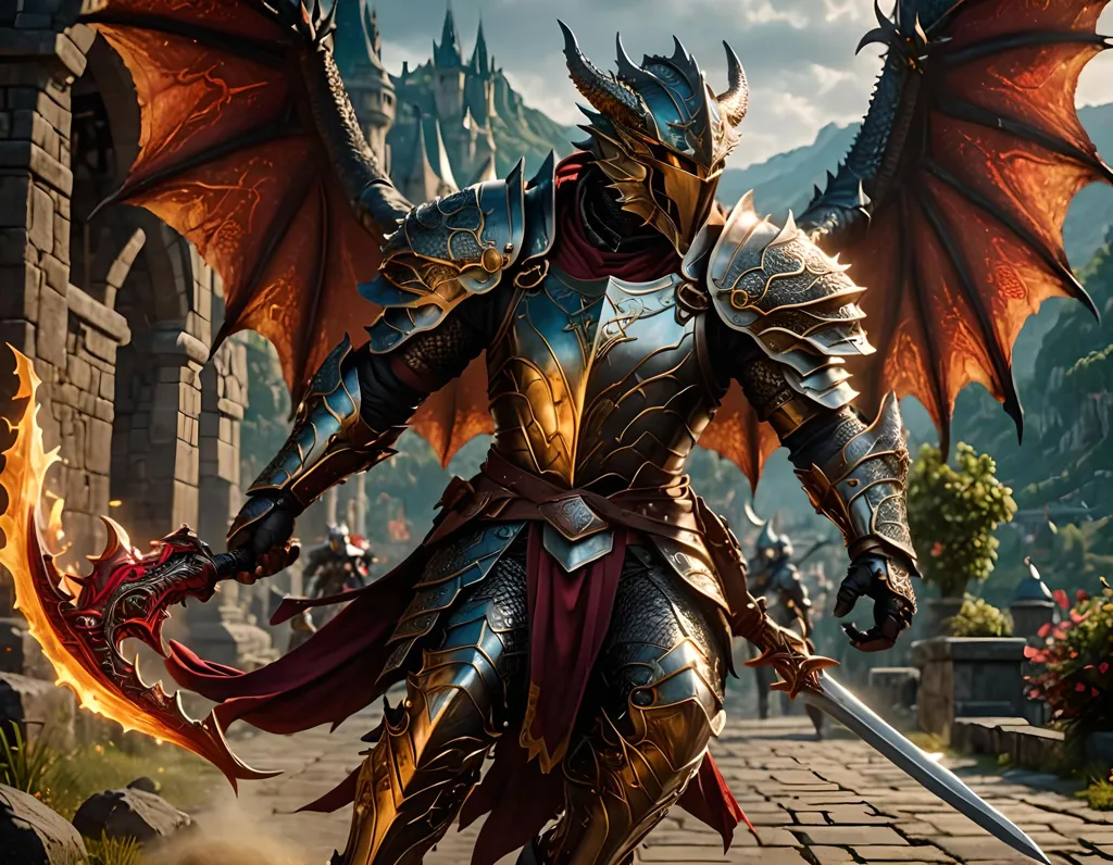 A warrior in full plate armor, including a winged helmet, stands in a medieval town street. He is holding a sword and a shield. The town is in the background and there are mountains in the distance. The warrior is facing the viewer. He is ready to fight.