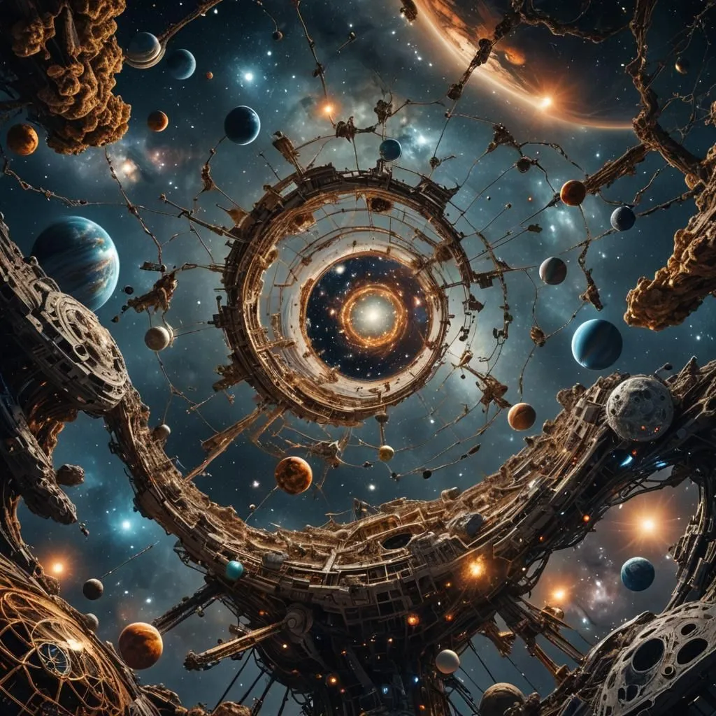 The image is set in a vast and awe-inspiring universe, where countless stars, planets, and galaxies are suspended in the inky blackness of space. In the center of the image, there is a massive, intricate structure that seems to be a combination of organic and mechanical elements. The structure is covered in glowing lights and appears to be teeming with activity. There are several planets of various sizes orbiting the structure, and there are also a number of smaller ships and vehicles flying around. The image is full of mystery and wonder, and it invites viewers to imagine what kind of life might exist in this distant and alien place.