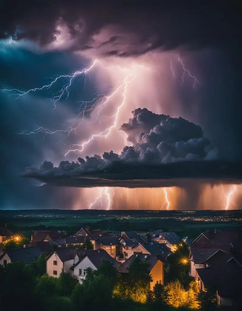 A dark, stormy sky is lit up by a bolt of lightning. The lightning strikes a tree in the distance, and the thunder rumbles. The rain is coming down hard, and the wind is blowing strong. The people in the houses are probably scared, but they are also probably safe. The lightning is a reminder of the power of nature, and it is also a reminder that we are all at the mercy of the weather.