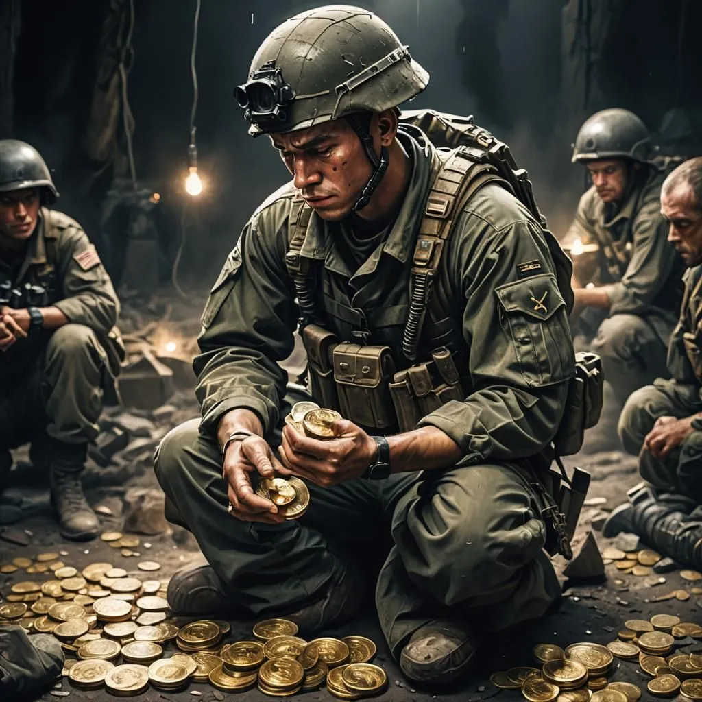 In the dim light of a war-torn room, a soldier kneels amidst a pile of gold coins. His weary expression reflects the harsh realities of combat, and the weight of his experiences is etched upon his face. The soldier's camouflage gear is stained with mud and blood, a testament to the battles he has endured. The coins, a symbol of greed and corruption, lie scattered around him, a reminder of the sacrifices made in the pursuit of wealth and power. The soldier's presence in this room, surrounded by the spoils of war, raises questions about the cost of conflict and the true value of the treasures we seek.