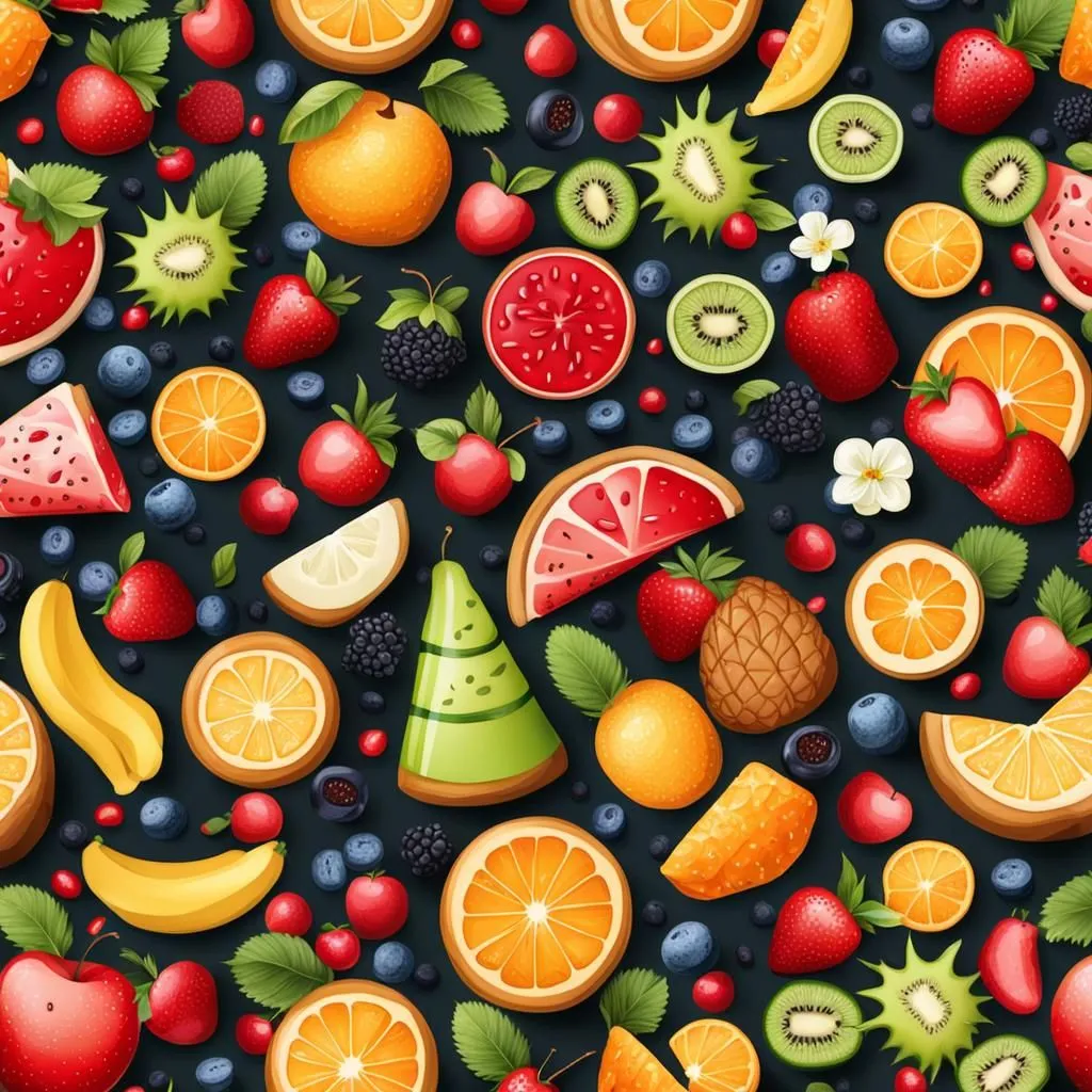 A seamless pattern of various fruits. The fruits are all drawn in a realistic style and include oranges, bananas, strawberries, blueberries, raspberries, and blackberries. The pattern is set against a dark background, which makes the fruits stand out. The pattern is perfect for use in a variety of applications, such as fabric, wallpaper, and home décor.