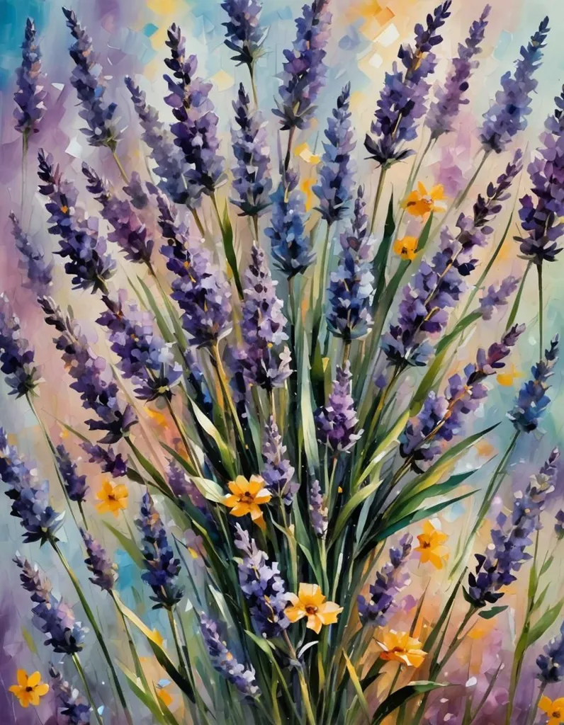 The painting is of lavender flowers. The flowers are purple, with yellow centers, and they are arranged in a bouquet. The background is a blur of light blue, pink, and yellow. The painting has a soft, dreamy feel to it.