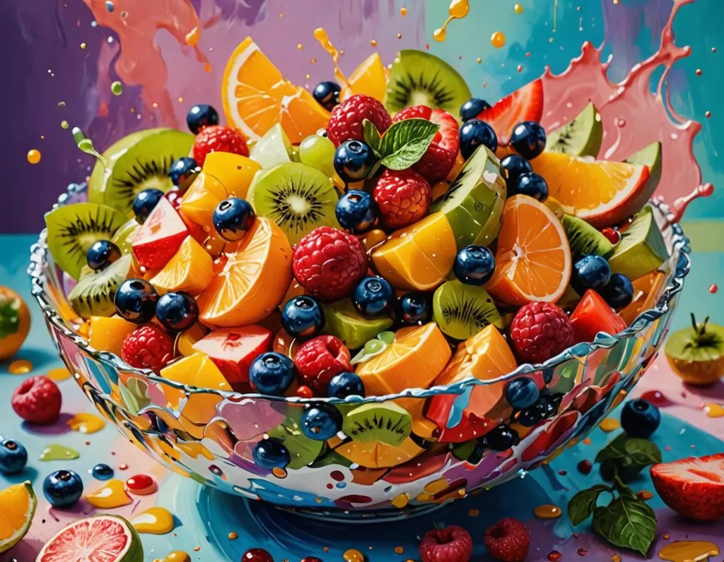 A bowl of fruit salad with a variety of fruits. There are strawberries, blueberries, raspberries, kiwi, and oranges. The fruit is arranged in a colorful and appealing way. The background is a bright and colorful splash of paint. The overall effect is one of freshness and abundance.