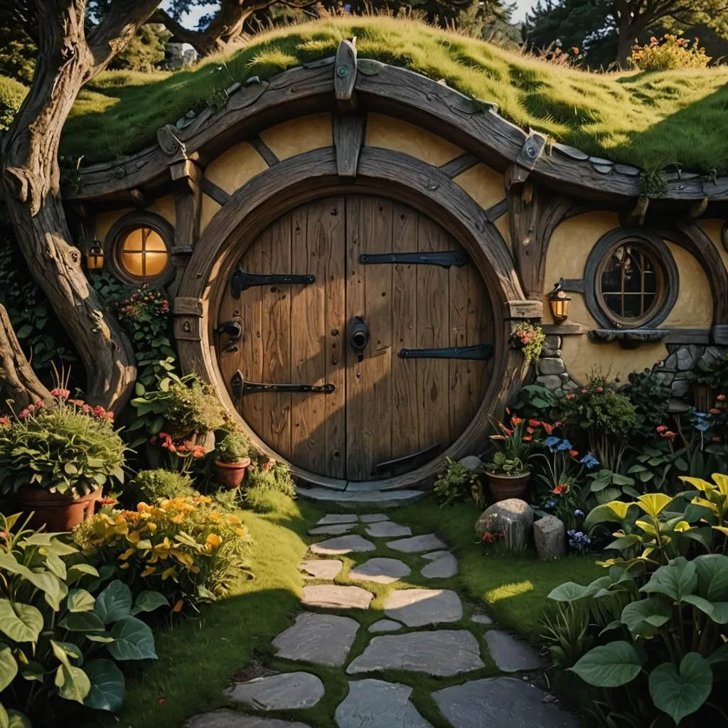 The image is of a hobbit hole, which is a type of house that is typically found in the Lord of the Rings series of books and movies. Hobbit holes are usually built into the side of a hill or bank, and they have a round door and a thatched roof. The image shows a hobbit hole that is surrounded by a garden of flowers and plants. There is a path that leads up to the hobbit hole, and there are two windows on either side of the door. The hobbit hole is made of wood and has a brown door. The image is very peaceful and serene, and it captures the essence of the Shire, which is the region in Middle-earth where hobbits live.