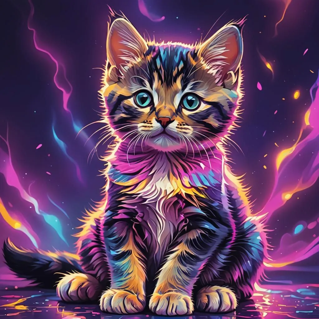 A digital painting of a cat with vibrant colors. The cat is sitting with its paws in front of him and looking at the viewer with wide blue eyes. It has a multicolored fur with shades of pink, purple, blue, and yellow. The background is a dark blue with streaks of light in various colors.