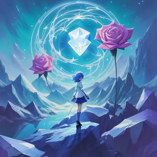 The image is of an anime girl standing on a cliff. She has short blue hair and is wearing a white dress. There are three large pink roses behind her and a large floating diamond in the sky above her. The background is a mountain range with snow on the peaks. The sky is dark blue and there are stars shining.