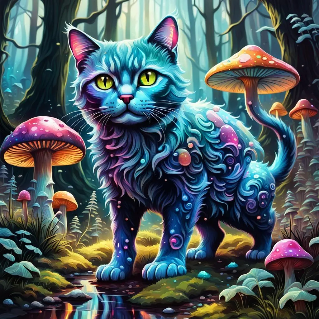 A digital painting of a cat standing in a lush forest. The cat is blue with green eyes and a long, flowing mane. It is surrounded by colorful mushrooms and flowers. The painting has a dreamlike quality, and it seems as if the cat is in a magical world.