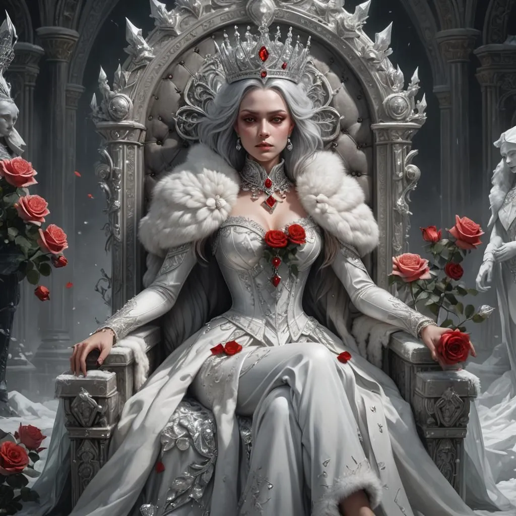 The Snow Queen sits on her throne, surrounded by ice and snow. She is a beautiful woman with long white hair and pale skin. She wears a white dress with a fur trim, and a crown of ice and snow. The Snow Queen is a powerful and feared ruler, but she is also a lonely one. She longs for someone to love, but she is afraid that she will never find someone who can understand her.