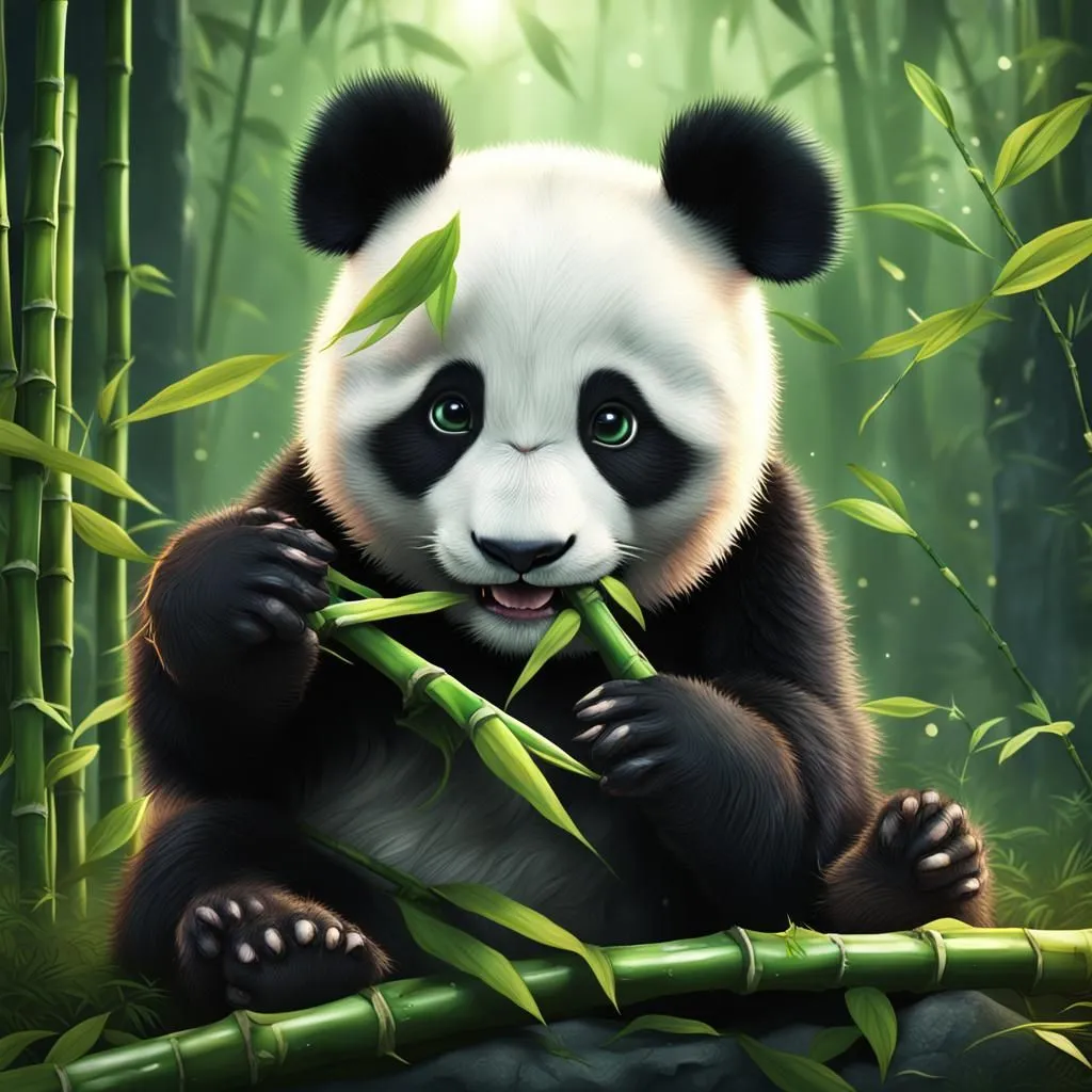 A cute panda is sitting in a bamboo forest. It is black and white with big, round ears. It is eating bamboo. The background is green and there are many bamboo plants around it. The panda has a happy expression on its face. It seems to be enjoying its meal.