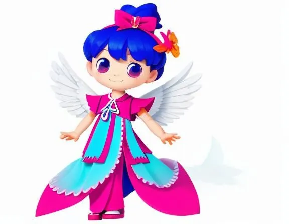 This is an image of a cute little girl. She has blue hair and pink wings. She is wearing a pink and blue dress. She has a big smile on her face. She looks like she is having a lot of fun.