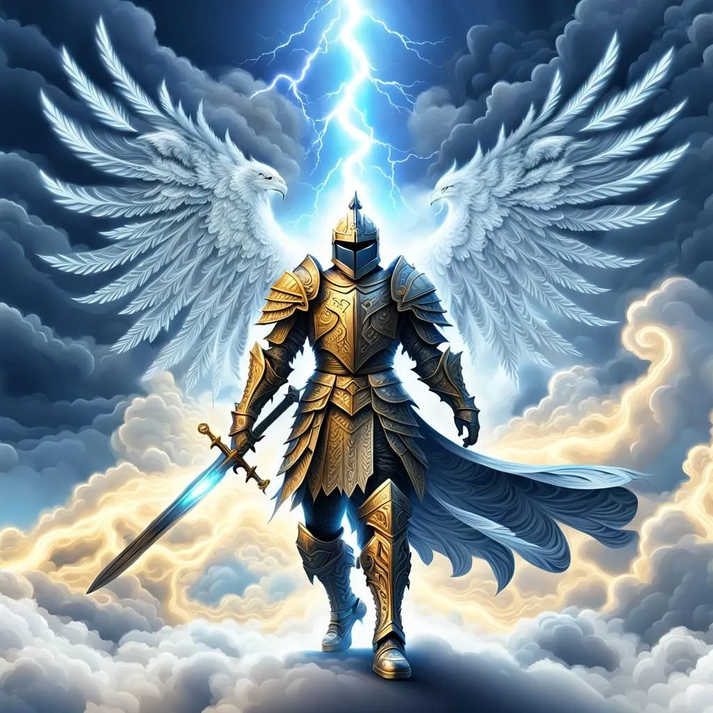 A warrior stands in the clouds, his armor gleaming in the light. His sword is drawn, and his wings are spread wide. He is ready for battle. In the background, a storm is raging, and lightning is flashing. The warrior is not afraid. He is ready to face whatever comes his way.