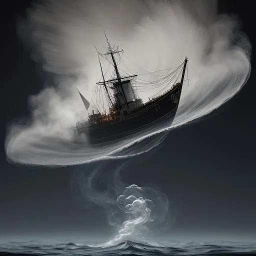 The image is a dark and stormy night. The sea is rough and the waves are crashing against the ship. The ship is being lifted up by a tornado. The tornado is made of dark clouds and it is spinning very fast. The ship is in danger of being destroyed by the tornado.