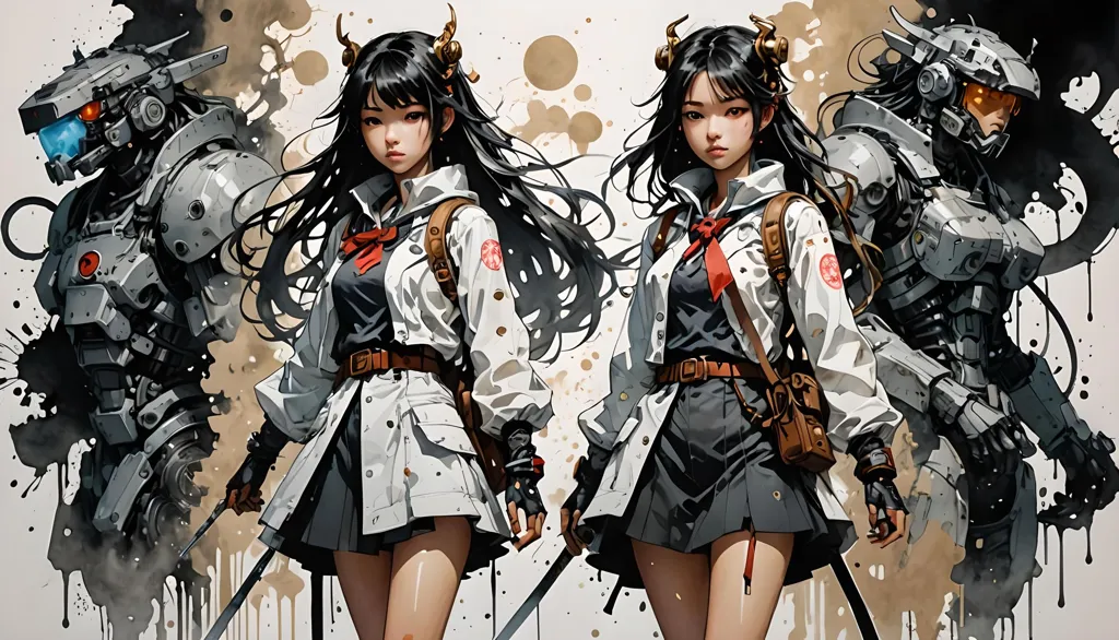 This is an image of two anime girls with black hair and red eyes. They are both wearing white shirts and black skirts. The girl on the left has a brown belt and the girl on the right has a black belt. They are both holding swords. There is a robot behind each of them. The one behind the girl on the left is grey and the one behind the girl on the right is orange.