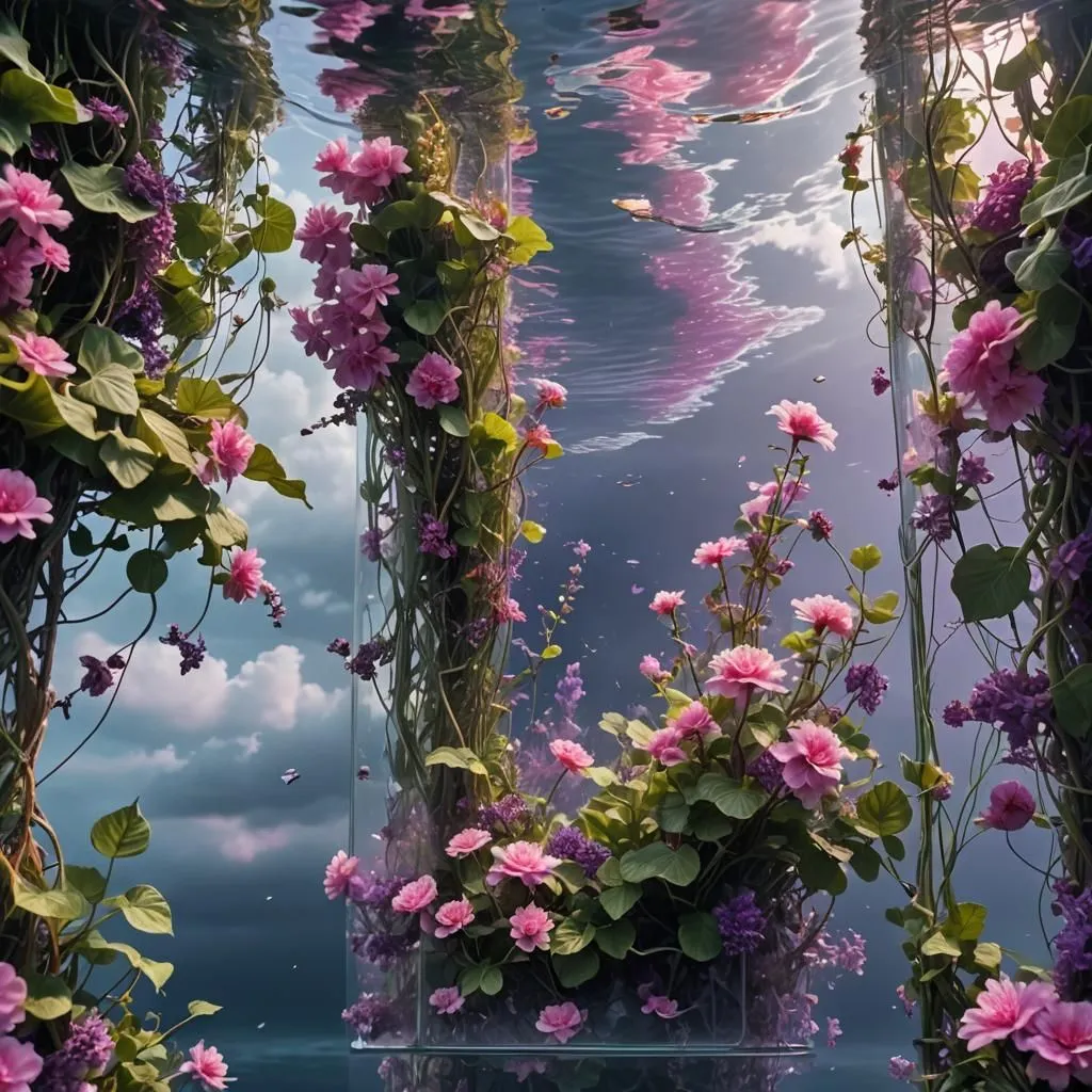 The image is a beautiful underwater scene with pink and purple flowers. The flowers are arranged in a way that suggests they are growing in a garden. The water is crystal clear.