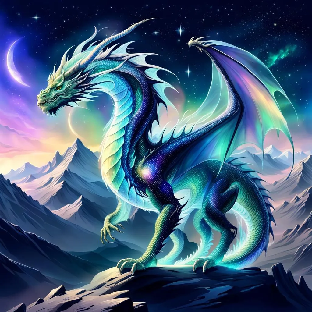 The dragon is a majestic creature with a long, serpentine body covered in shimmering scales. It has a pair of powerful wings that are outstretched as it stands on a rocky perch. The dragon's head is long and snout-like, with a pair of sharp horns curving up from its brow. Its eyes are a deep, piercing blue, and its teeth are sharp and white. The dragon's tail is long and sinuous, and it ends in a barbed tip. The background of the image is a dark, starry night sky, with a crescent moon shining in the distance.