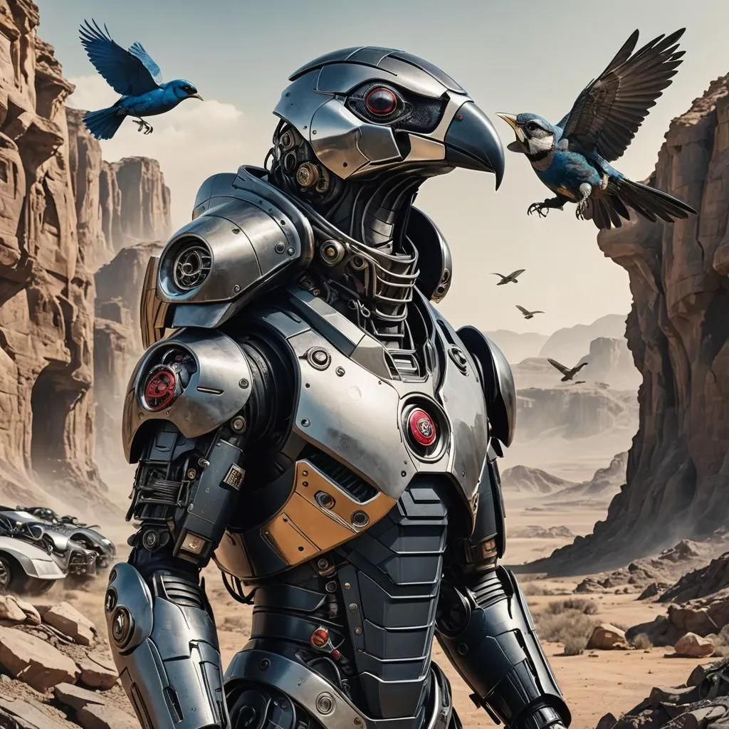 The image depicts a humanoid robot standing in a desert canyon. The robot is made of metal and has a bird-like head. It is wearing a suit of armor and has a weapon mounted on its arm. There are two small birds perched on the robot's shoulders. The background of the image is a barren desert landscape with a large rock formation in the distance.