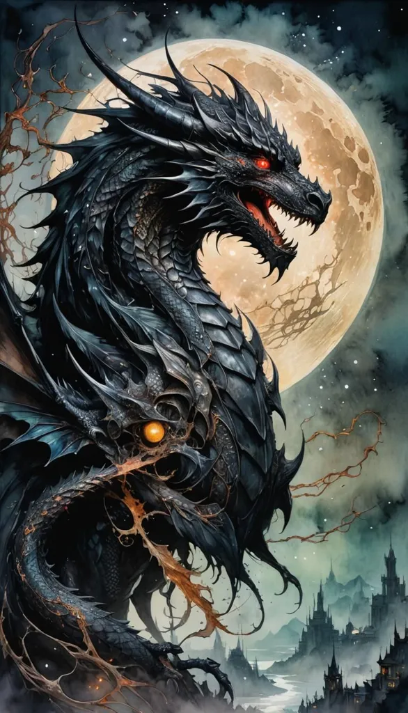 The dragon is a fearsome creature with a long, serpentine body covered in black scales. It has a pair of powerful wings and a long, spiked tail. The dragon's head is狰狞的, with a large mouth full of sharp teeth. Its eyes are a deep red, and they glow with a fierce intensity. The dragon is perched on a rocky crag, and it is surrounded by a dark and stormy sky. The dragon is a powerful and dangerous creature, and it is a force to be reckoned with.