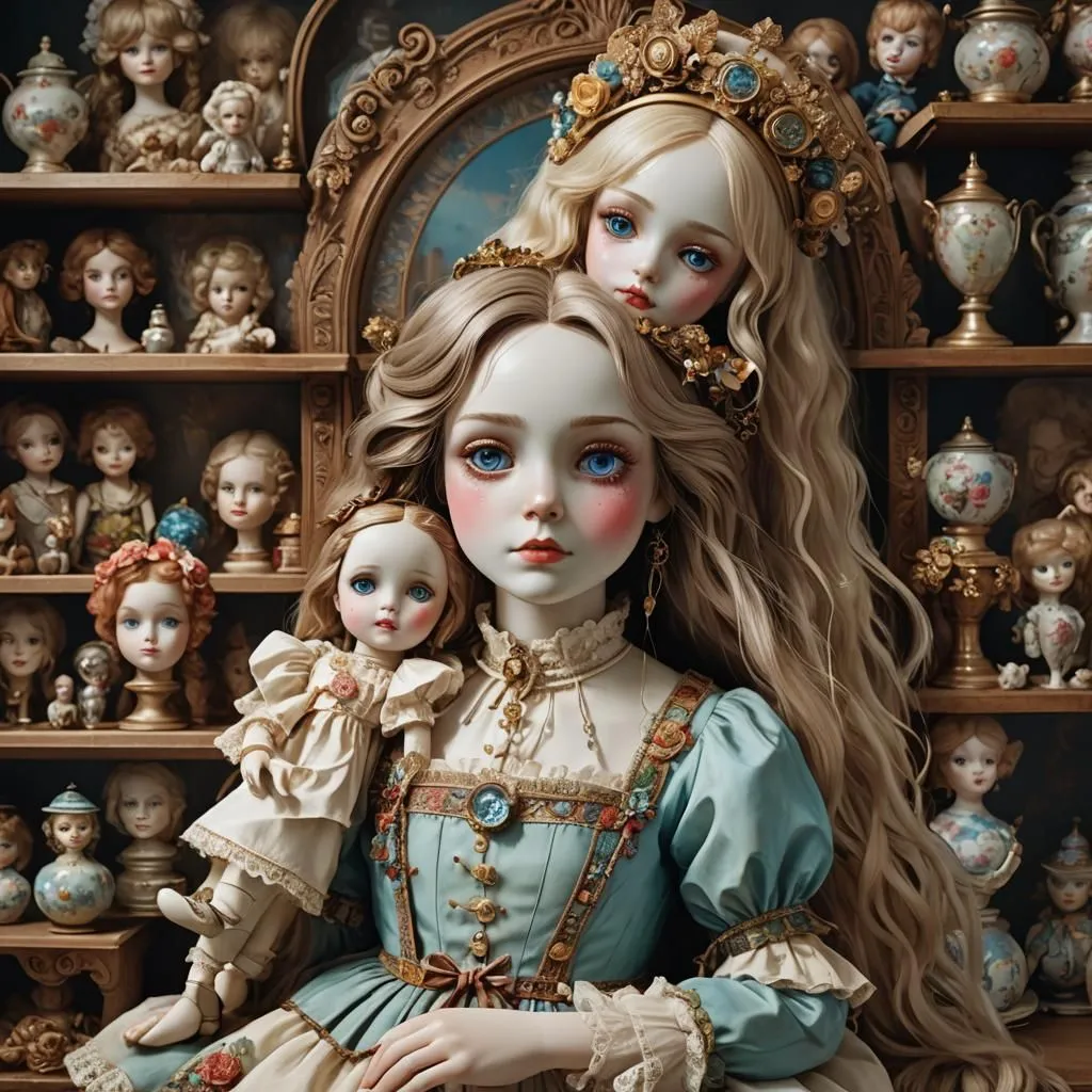 The image is of a beautiful doll with long blonde hair and blue eyes. She is wearing a blue and gold dress with a white lace collar. She is standing in front of a mirror and is holding a smaller doll in her arms. The smaller doll is wearing a white dress with a pink sash. The background is a wall of shelves filled with dolls of all different sizes and styles.