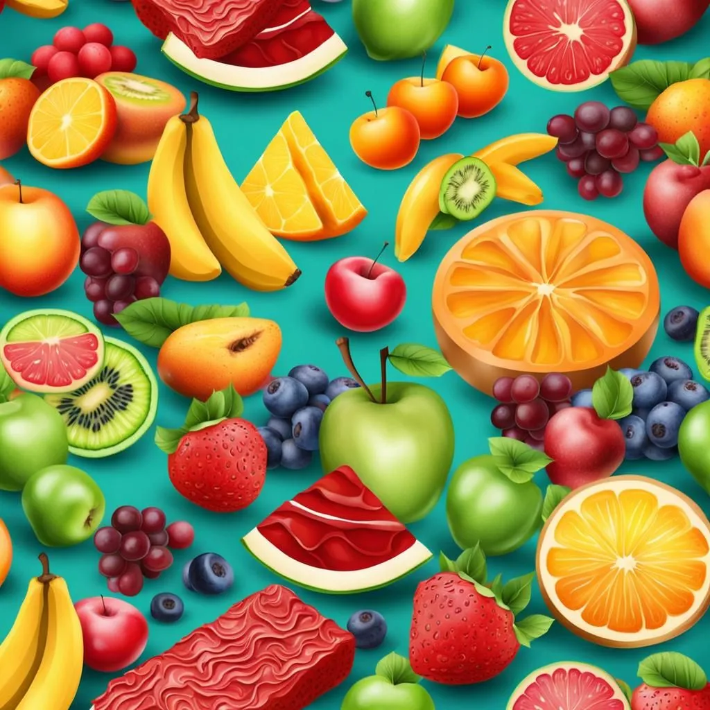 The image shows a variety of fruits. There are apples, bananas, cherries, grapes, kiwis, oranges, strawberries, and watermelons. The fruits are all different colors and shapes. They are arranged in a random pattern. The background is a light blue color. The image is very colorful and bright. It looks like a fun and healthy snack.