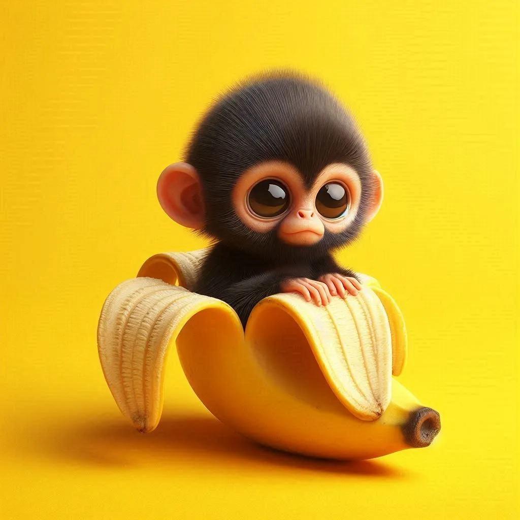 The image shows a small, furry monkey sitting inside a banana peel. The monkey has big, round eyes and a tiny, pink nose. It is looking up at the viewer with a curious expression. The banana peel is yellow and has brown spots. The background is a light yellow color.