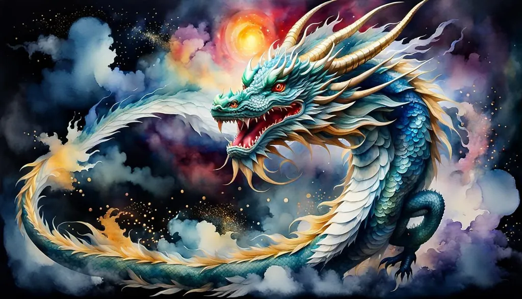 A majestic dragon soars through the clouds, its鱗片 shimmering in the sunlight. The dragon's eyes are narrowed in concentration, and its mouth is open in a roar. The clouds around the dragon are tinged with pink and purple and the background is a deep blue. The dragon is a symbol of strength and power, and it is often associated with good luck and fortune.