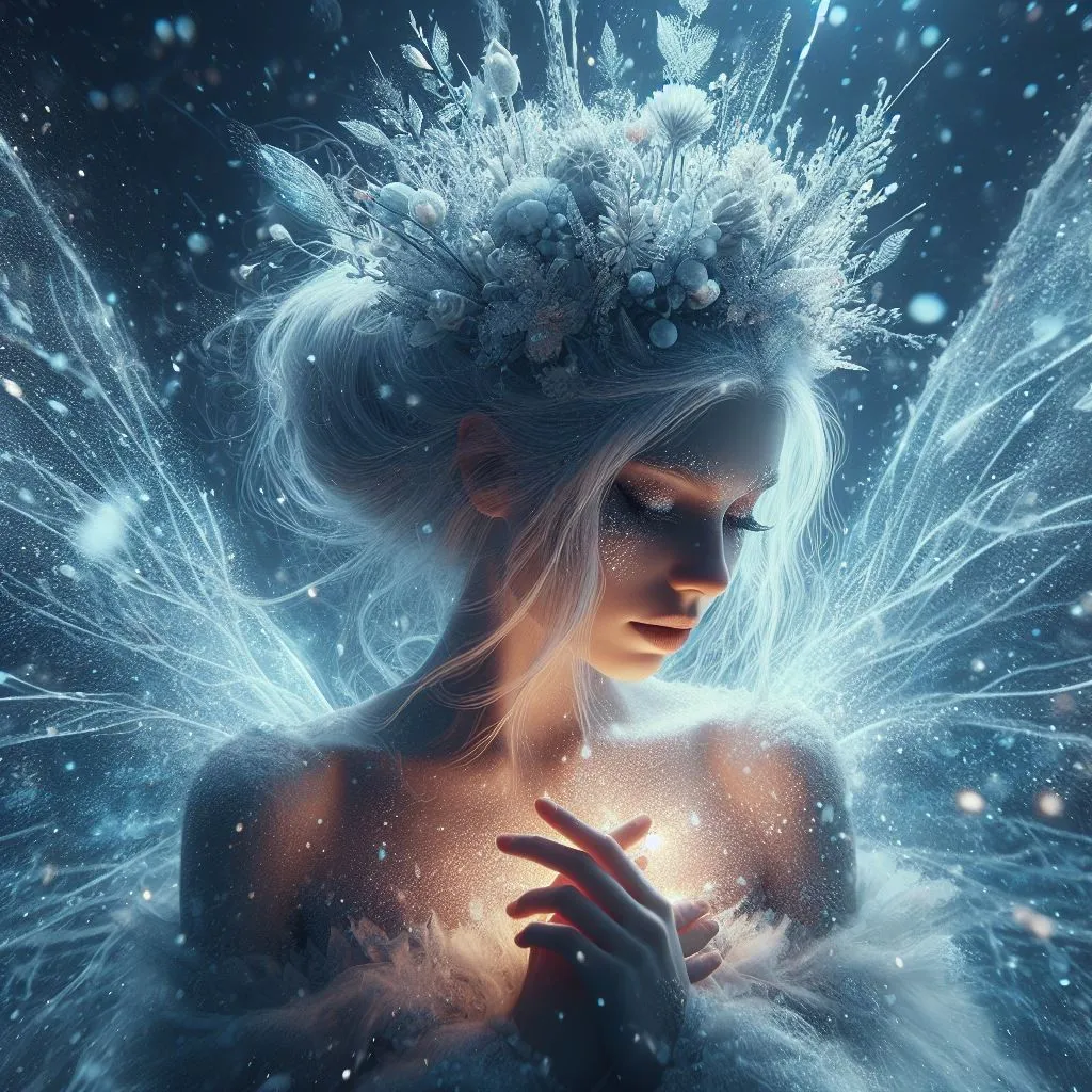 The image is a beautiful winter fairy with long white hair. She is wearing a crown of ice and flowers. Her dress is made of snowflakes. She has a gentle expression on her face and her eyes are closed. She is surrounded by a soft, white light. The background is a dark blue night sky with falling snow.