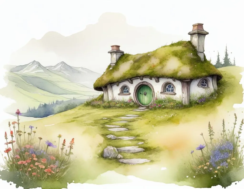 This is a watercolor painting of a hobbit hole. The hobbit hole is a round, underground home with a green door and round windows. It is located in a rural setting with green hills and mountains in the distance. There are flowers and plants growing around the hobbit hole. The painting has a warm and inviting feeling to it.