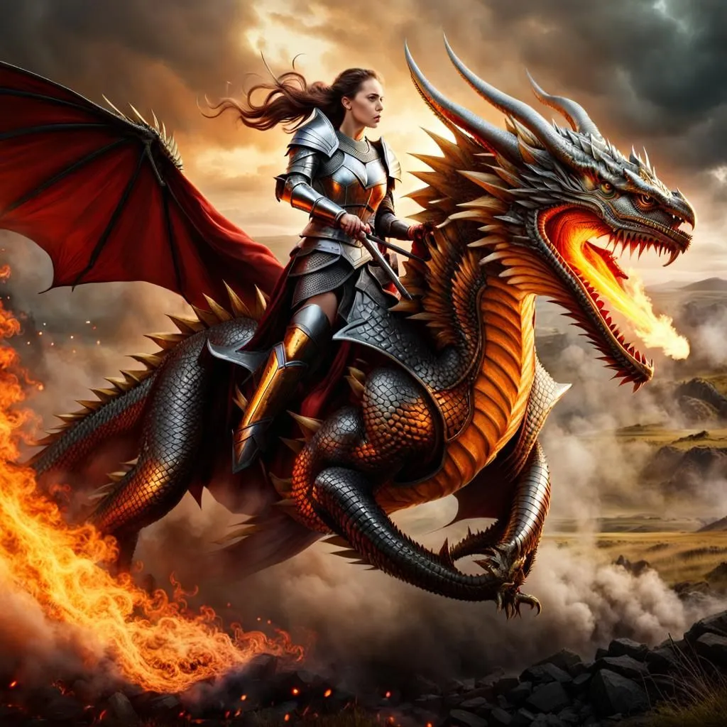 A valiant warrior rides a majestic dragon through a fiery sky. The warrior is clad in gleaming armor and wields a mighty sword. The dragon's scales are like molten gold, and its wings beat with power. Together, they are a force to be reckoned with, and their enemies will surely fall before them.