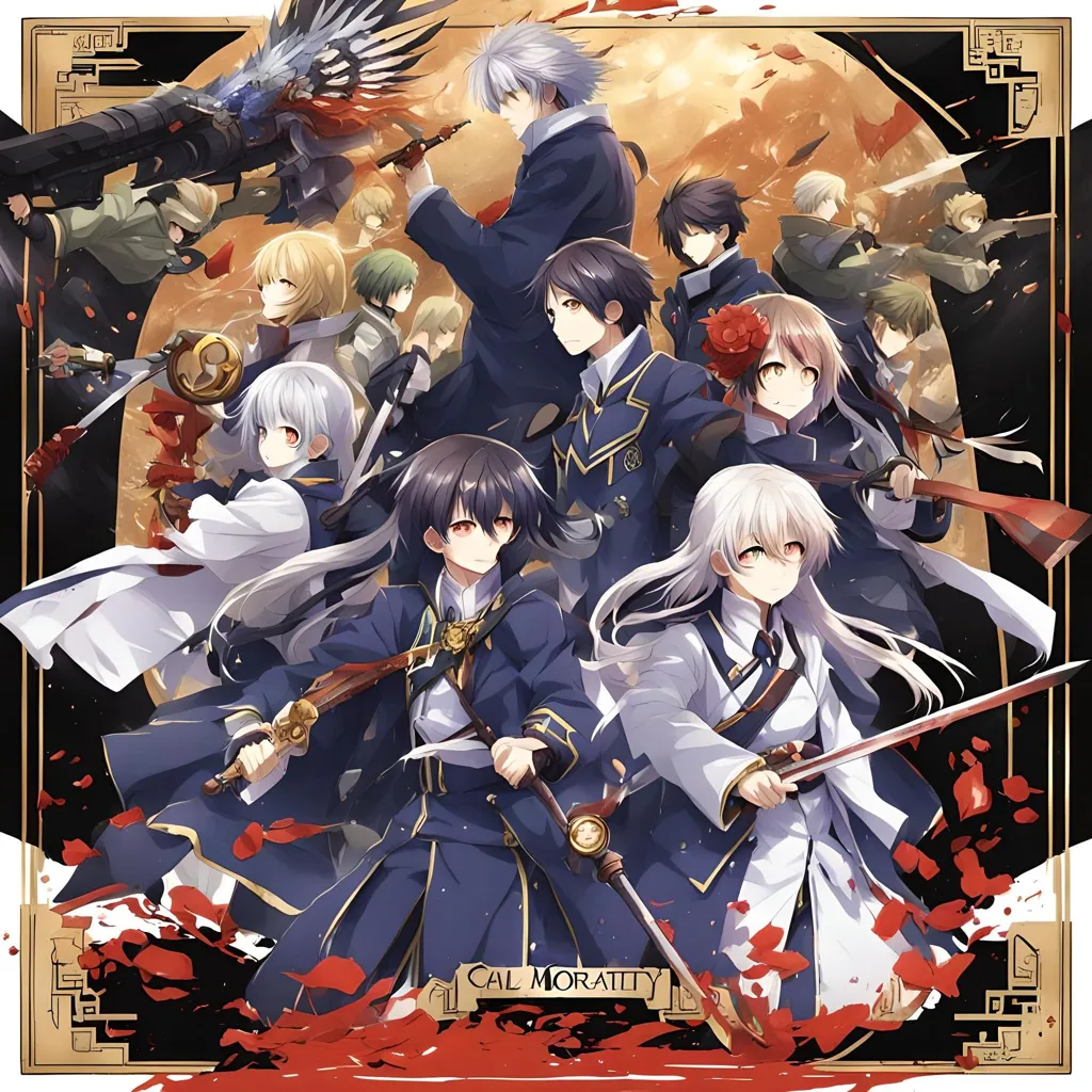 This image is of a group of 11 anime characters. They are all dressed in different colored uniforms and are armed with various weapons. The background is a dark red and black, with a full moon in the center. The characters are all looking in different directions, and they all have serious expressions on their faces. It seems like they are about to engage in a battle.